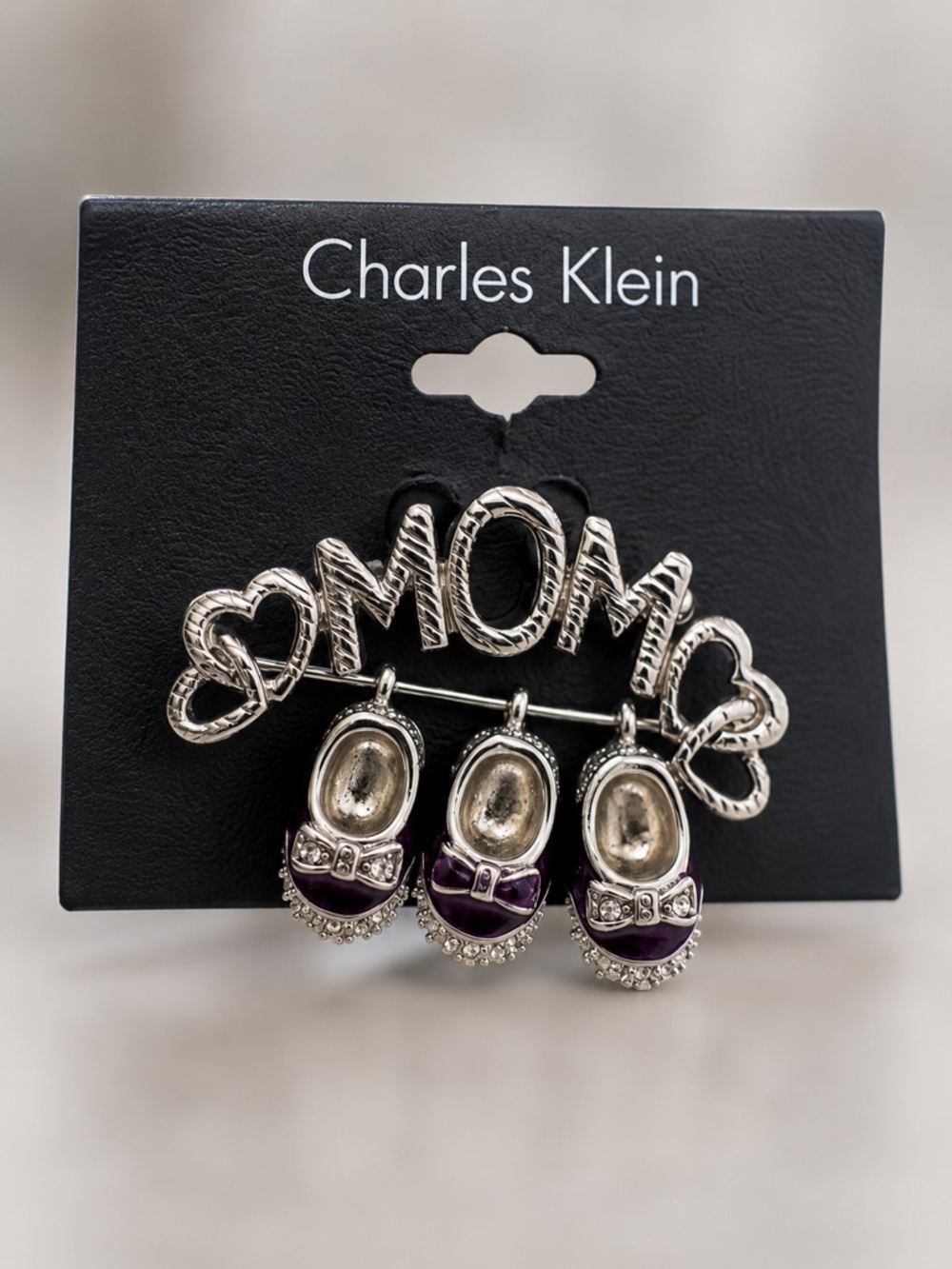 Charles Klein Silver 'MOM' Pin Brooch with Purple Baby Shoe Charms